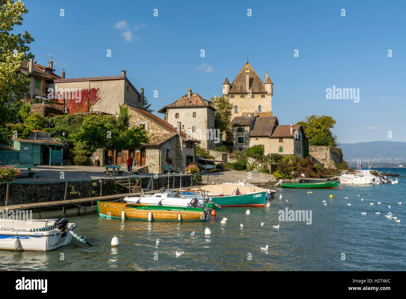Alten Hafen am Lac Léman, Genfersee, Yvoire, Rhône-Alpes, Haute-Savoie, Frankreich Stockfoto