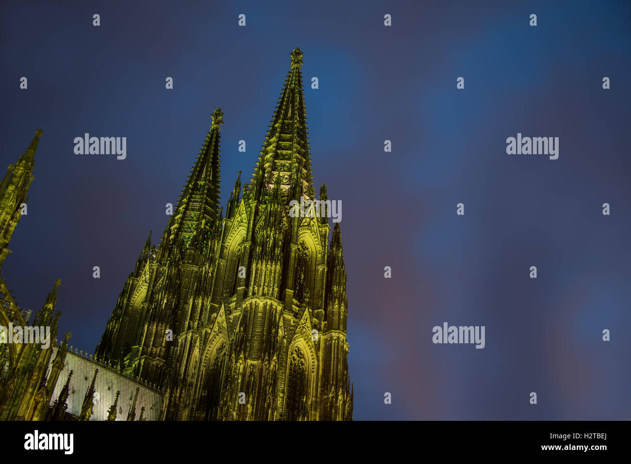 Grün beleuchtete Kölner Dom im blauen Nachthimmel Stockfoto