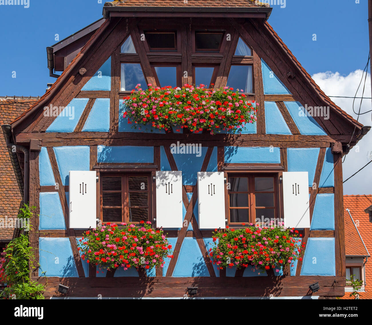 Traditionellen Fachwerkhaus in Eguisheim, Elsass, Frankreich Stockfoto