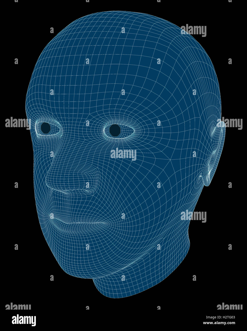 Wireframe Rendering der Kopf eines Mannes vor einem schwarzen Hintergrund Stockfoto