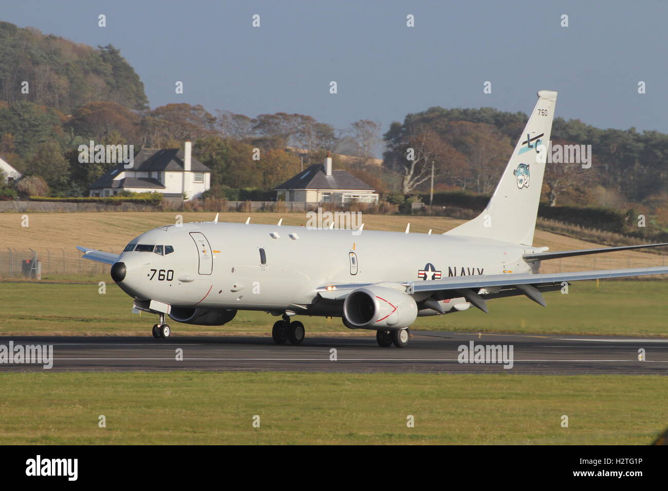 168760, eine Boeing P-8A Poseidon, betrieben von der US-Navy am Prestwick Flughafen während der Übung Joint Warrior 15-2. Stockfoto