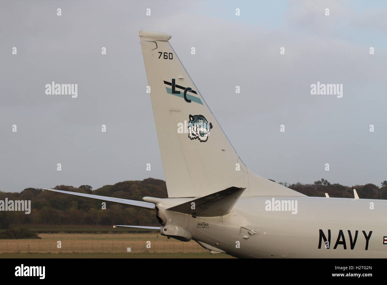 168760, eine Boeing P-8A Poseidon, betrieben von der US-Navy am Prestwick Flughafen während der Übung Joint Warrior 15-2. Stockfoto