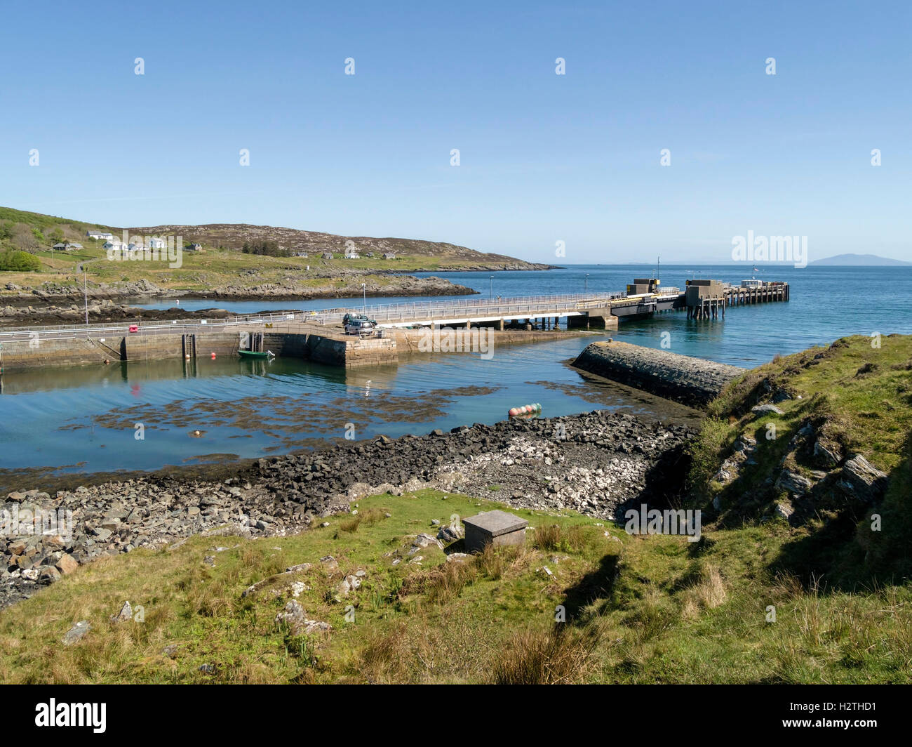 Scalasaig Hafen und Fähre, Insel Colonsay, Scotland, UK. Stockfoto