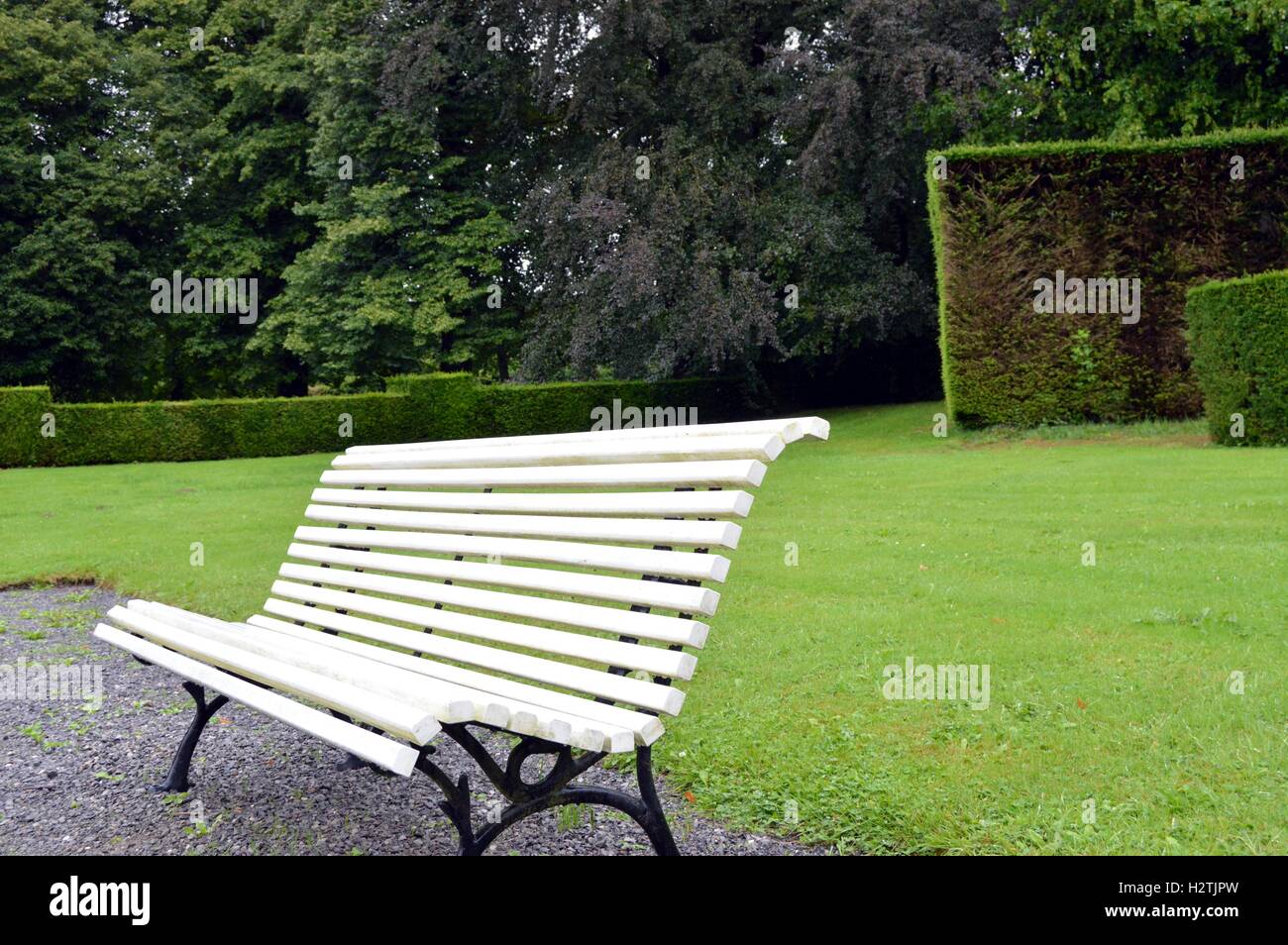 Bank von weißen Rest der Farbe, mit Rasen und Bäumen umgeben. Stockfoto