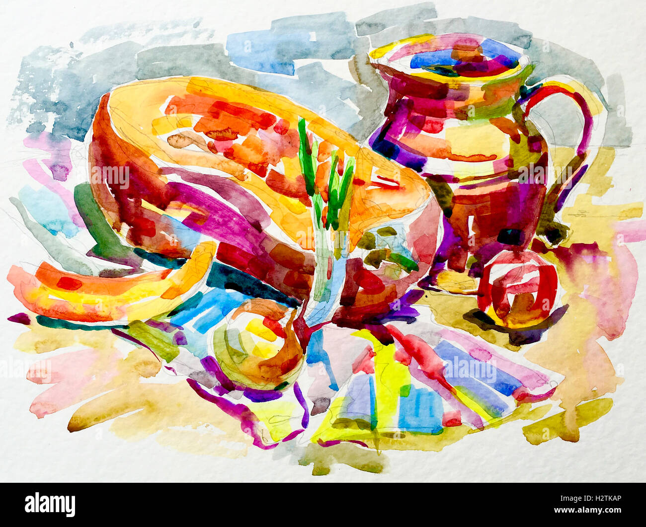 Aquarell Stillleben Kunstwerk mit Kürbis, Krug, Apfel Stockfoto