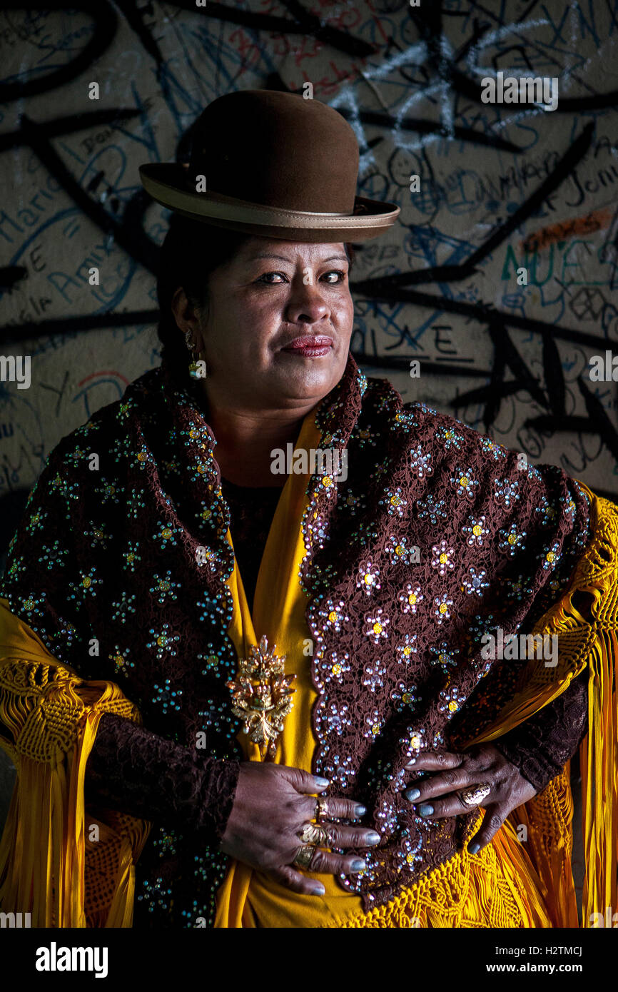 Angela la Folclorista, Cholita weiblichen Wrestler, El Alto, La Paz, Bolivien Stockfoto