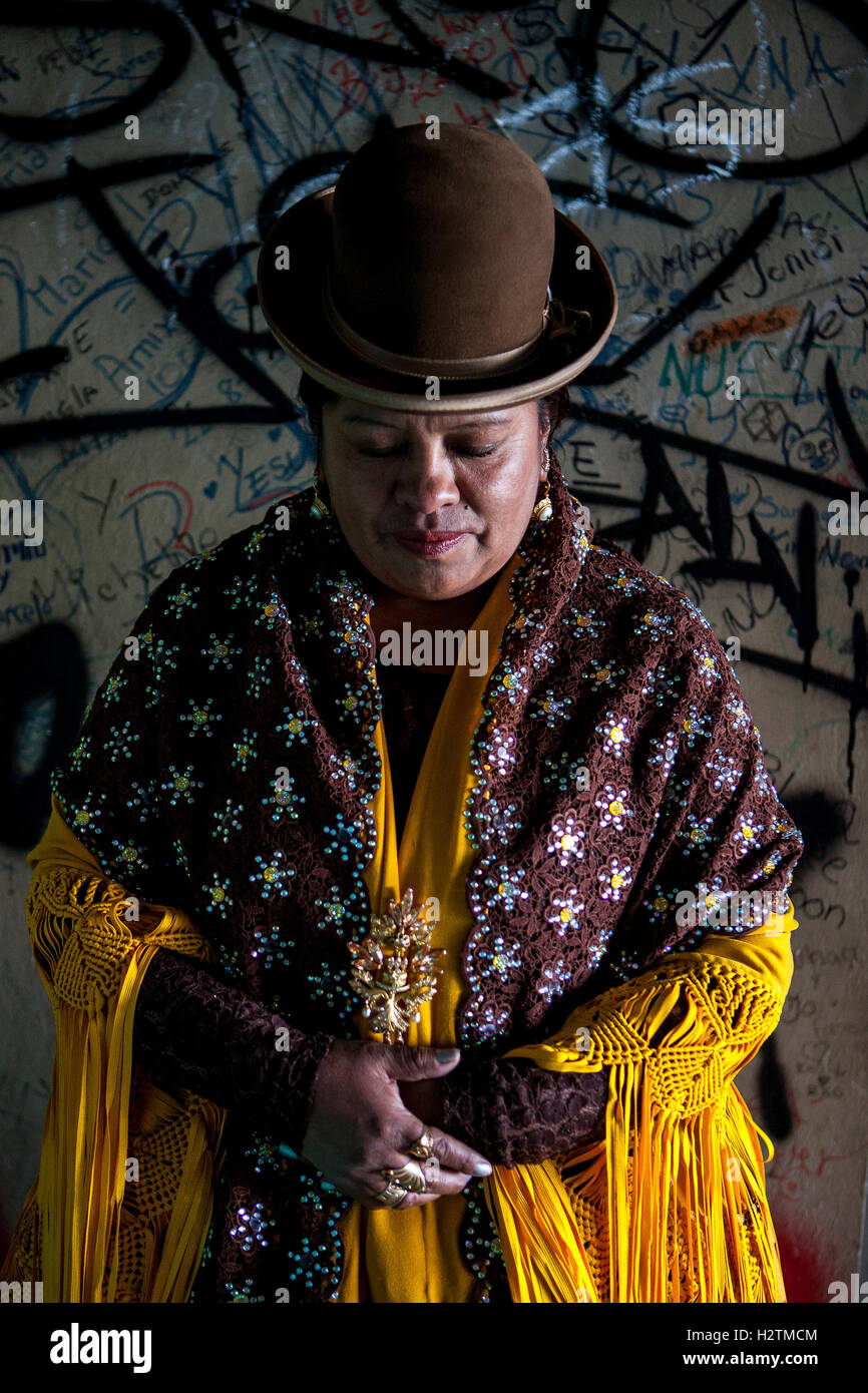 Angela la Folclorista, Cholita weiblichen Wrestler, El Alto, La Paz, Bolivien Stockfoto