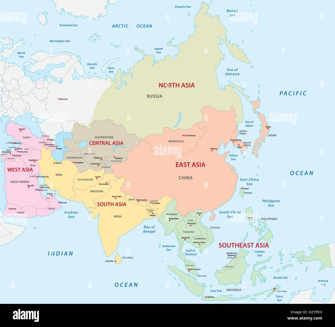Karte von den asiatischen Subregionen Stock Vektor