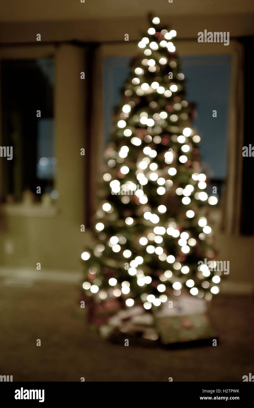 Detail der Weihnachtsbaum leuchtet defokussierten Fokus verschwommen Stockfoto