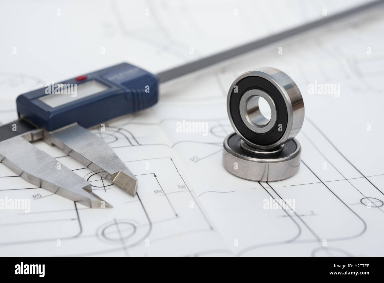 Lager und Bremssattel auf eine mechanisch-technische Zeichnung Stockfoto