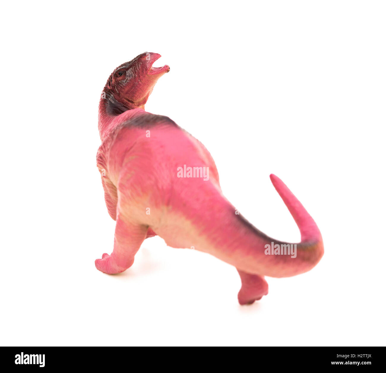 lila Kunststoff Dinosaurier Spielzeug auf weißem Hintergrund Stockfoto