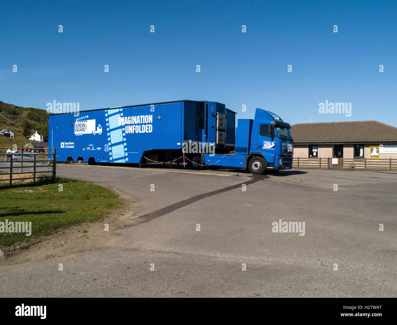 "Siebmaschine" mobiles Kino Besuch der abgelegenen Insel Colonsay in den Inneren Hebriden, Schottland, Großbritannien. Stockfoto