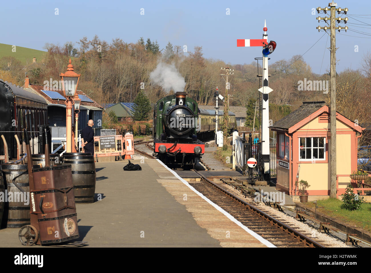 Dampflokomotive, 3205, zieht einen Personenzug nähert sich Staverton Station auf der South Devon Railway, Devon, England, UK. Stockfoto