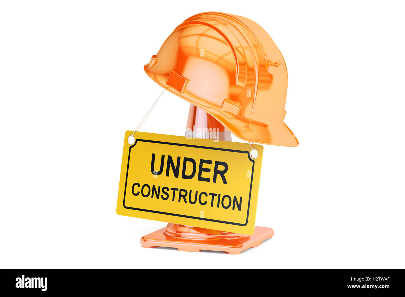 Unter Baukonzept. Leitkegel, Helm und Schild Closeup. 3D-Rendering Stockfoto