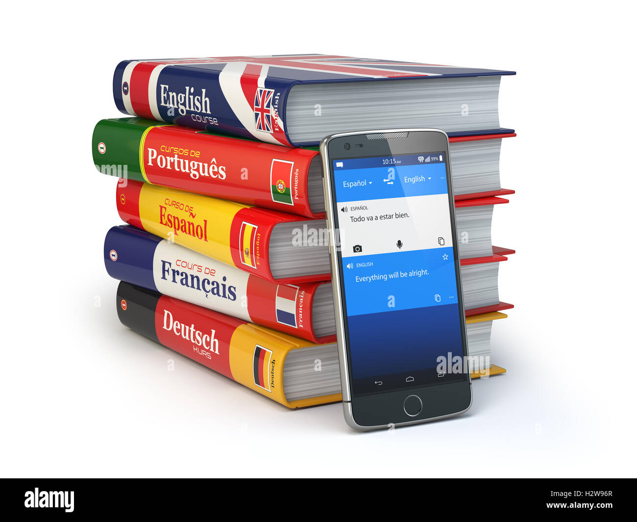E-Learning. Mobiles Wörterbuch. Lernen Sprachen online. Smartphone mit Büchern. 3D illustration Stockfoto