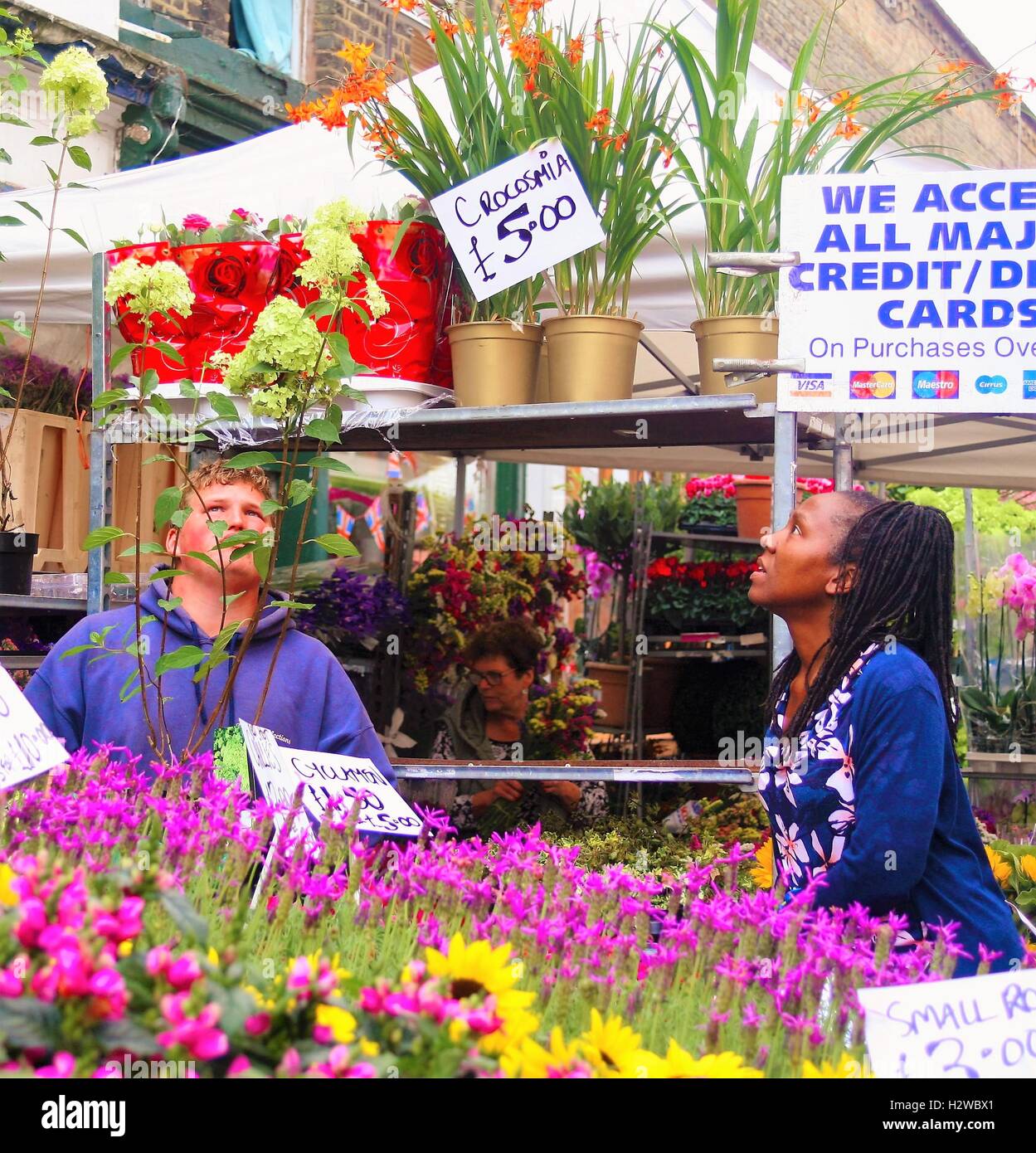 Schwarze Frau kauft Blumen auf dem Columbia Road Flower Market in Hackney East London Stockfoto