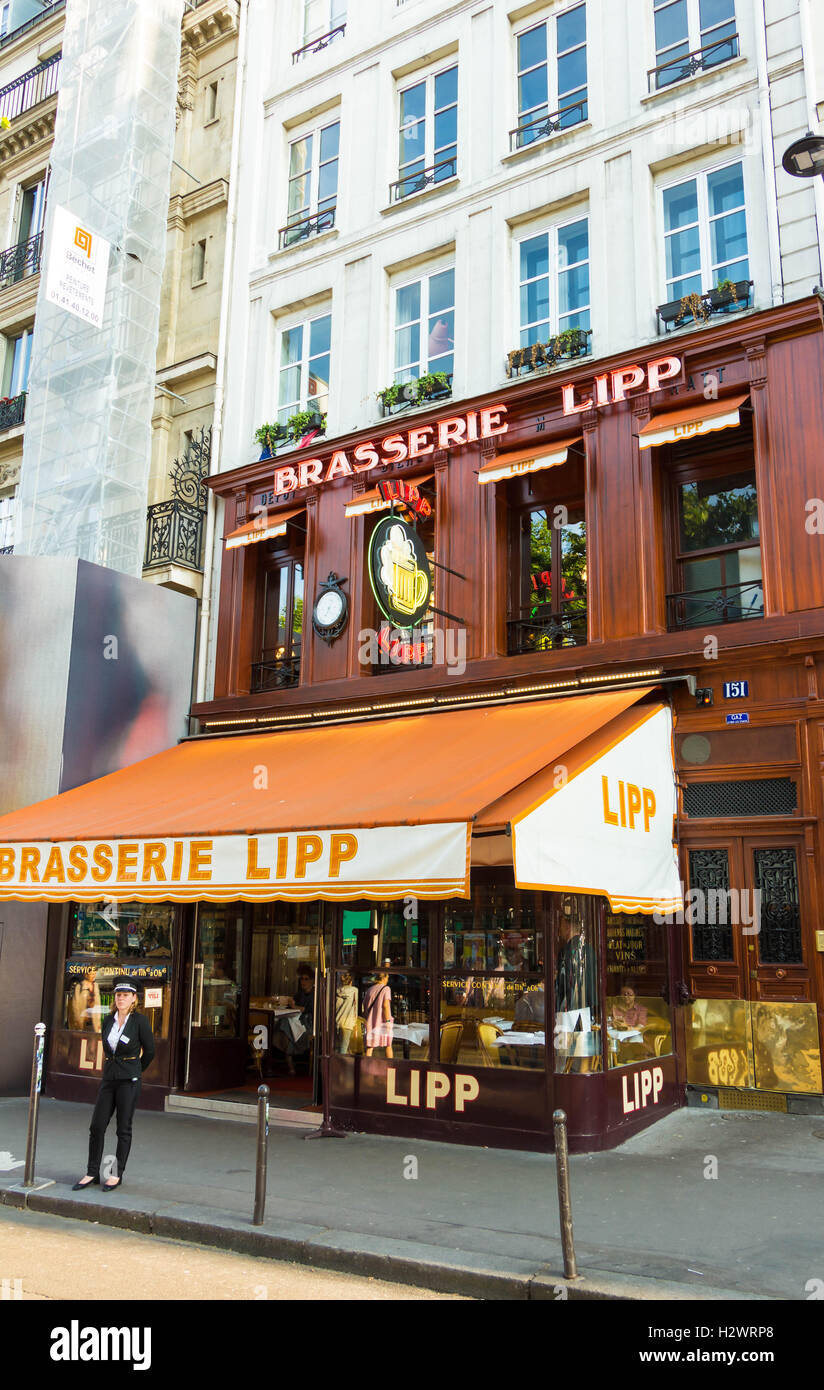 Paris, Frankreich-Juni 09, 2016: Die berühmte Brasserie Lipp ist Einrichtung auf dem Boulevard Saint Germain. Stockfoto