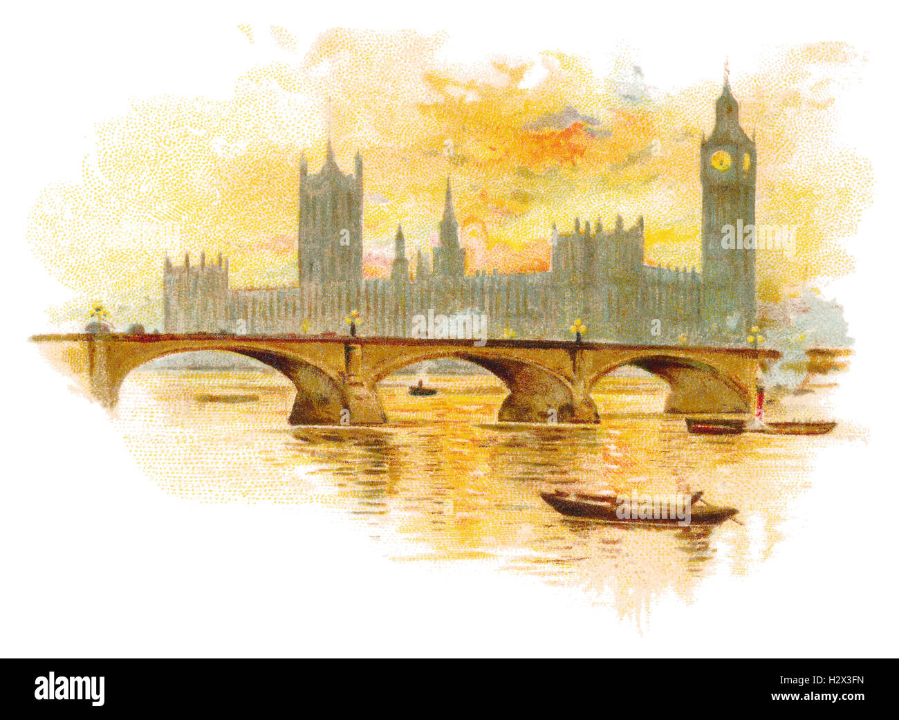 Farbe Abbildung der Houses Of Parliament und Westminster Bridge über die Themse in London, England Stockfoto Farbe Abbildung der Houses Of Parliament und Westminster Bridge über die Themse in London, England Stockfoto