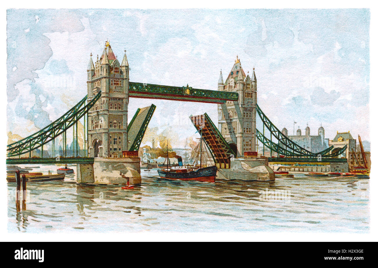 Edwardian Farbe Abbildung der Tower Bridge und die Themse in London, England Stockfoto