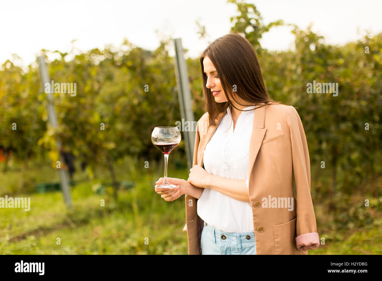 Winzer-Frau überprüfen Rotwein in einem Weinberg Stockfoto