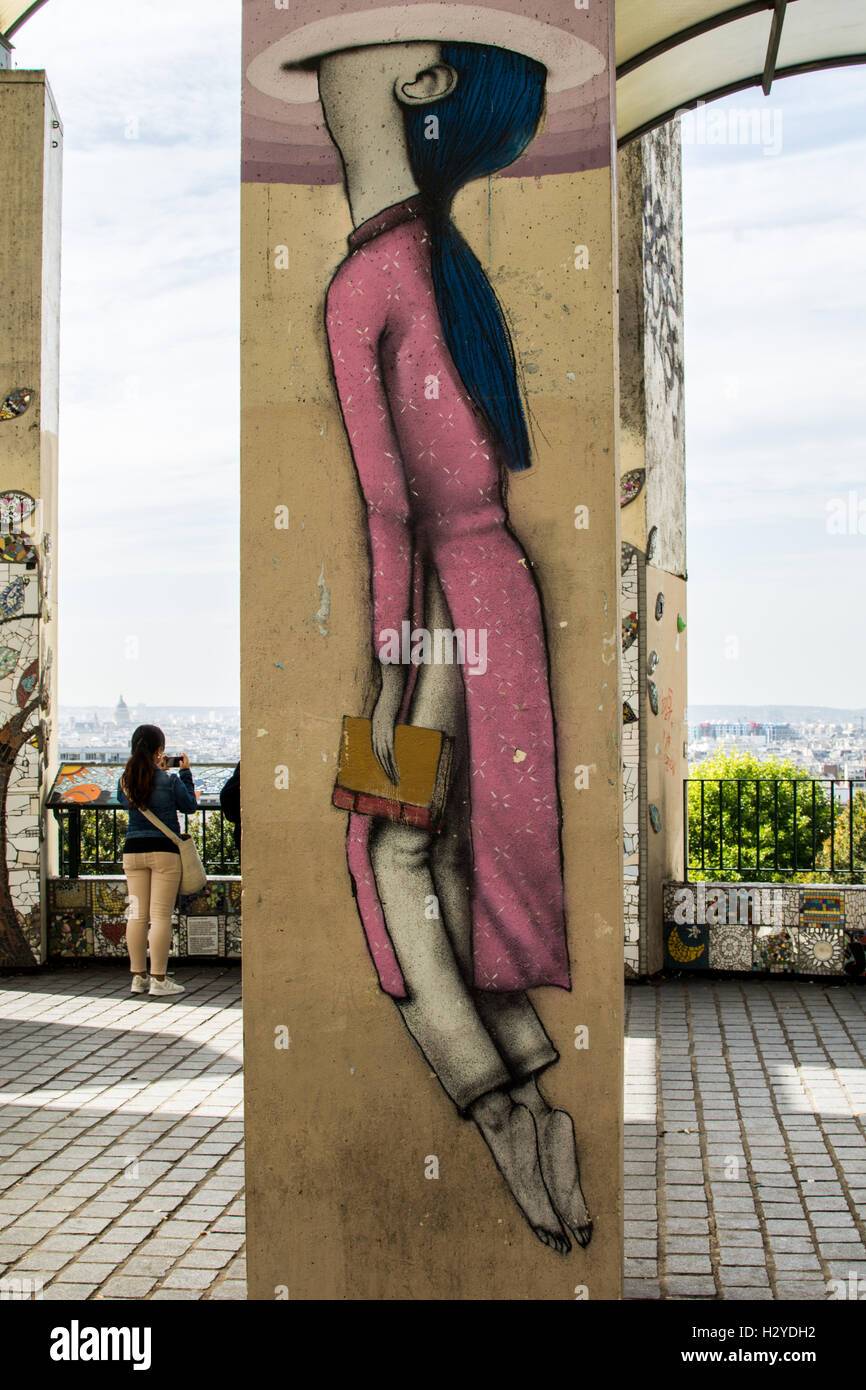 Wandgemälde von Seth Globepainter Julien Malland im Belvedere im Parc de Belleville, Paris Stockfoto