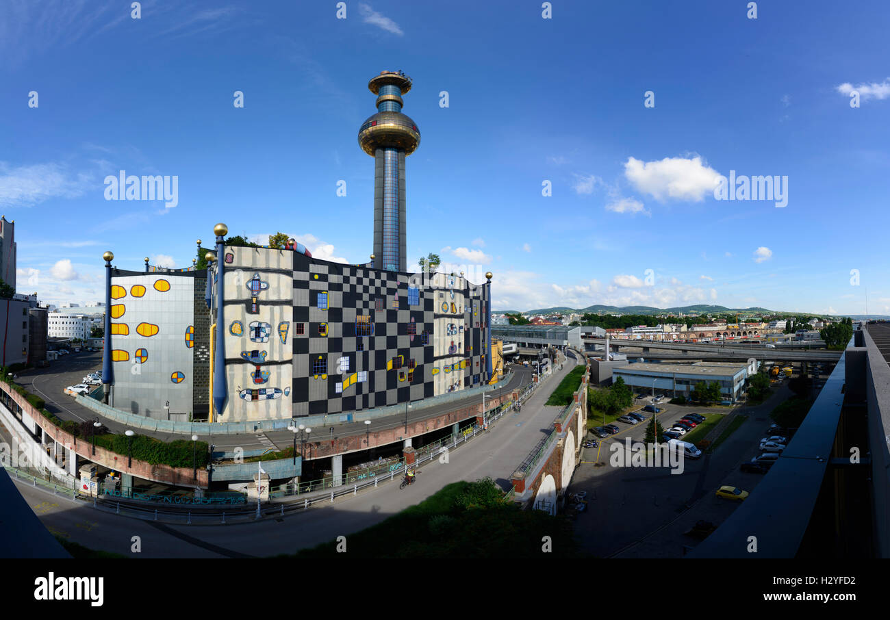 Wien, Wien: Design Spittelau Müllverbrennungsanlage, überflüssige Aktion Pflanze, Fernwärme Wien, Friedensreich Hundertwasser, 09. Stockfoto