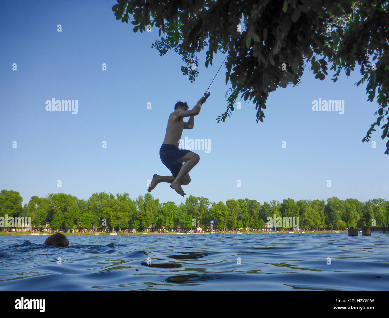 Wien, Wien: junger Mann im Swing über Wasser, Alte Donau (Alte Donau), 22., Wien, Österreich Stockfoto