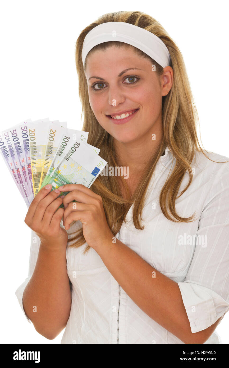 Junge Frau mit Euro-Banknoten Stockfoto
