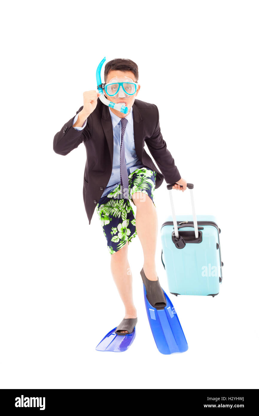 lustige Unternehmer setzen auf Tauchausrüstung und bereit zu laufen Stockfoto lustige Unternehmer setzen auf Tauchausrüstung und bereit zu laufen Stockfoto