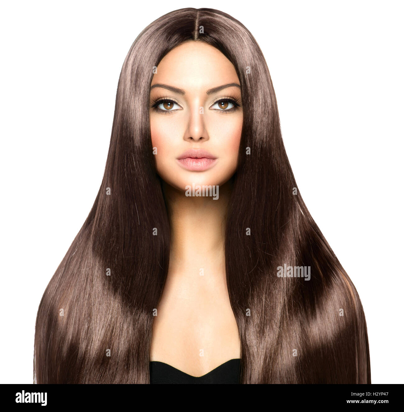 Schönheit-Frau mit lange gesund und glänzend glatte braune Haare Stockfoto