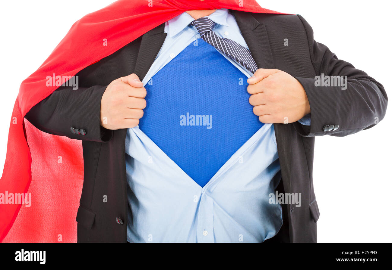 Geschäftsmann, zieht sein T-shirt öffnen in weißem Hintergrund Stockfoto