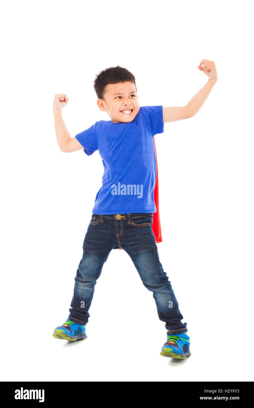 glückliches Kind super Helden imitieren Superman-pose Stockfoto