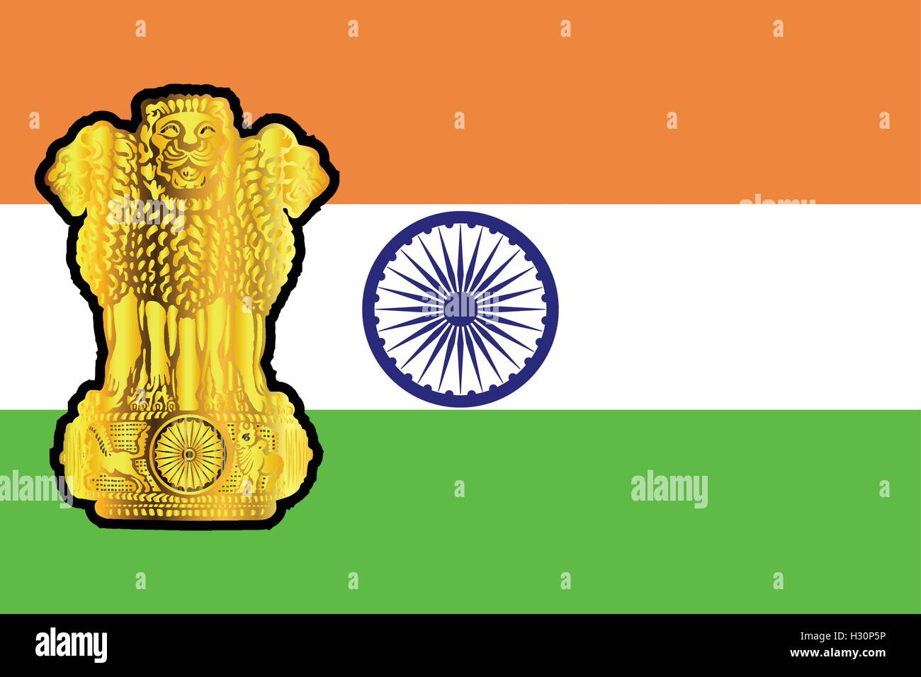 Die Flagge und Staatswappen der Indien in weiss Gruen und orange Stock Vektor