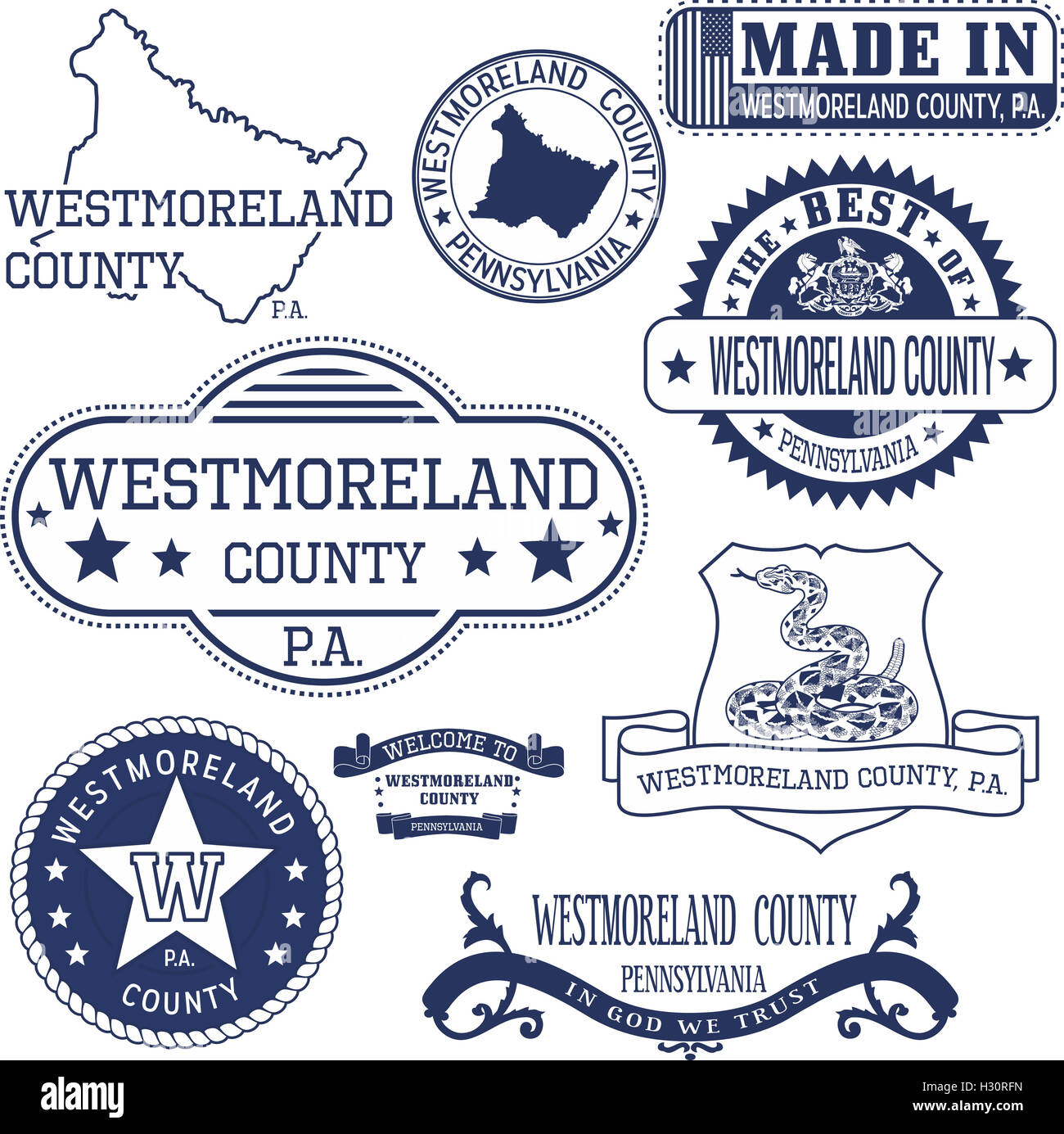 Reihe von generischen Stempel und Schilder von Westmoreland County, Pennsylvania Stockfoto