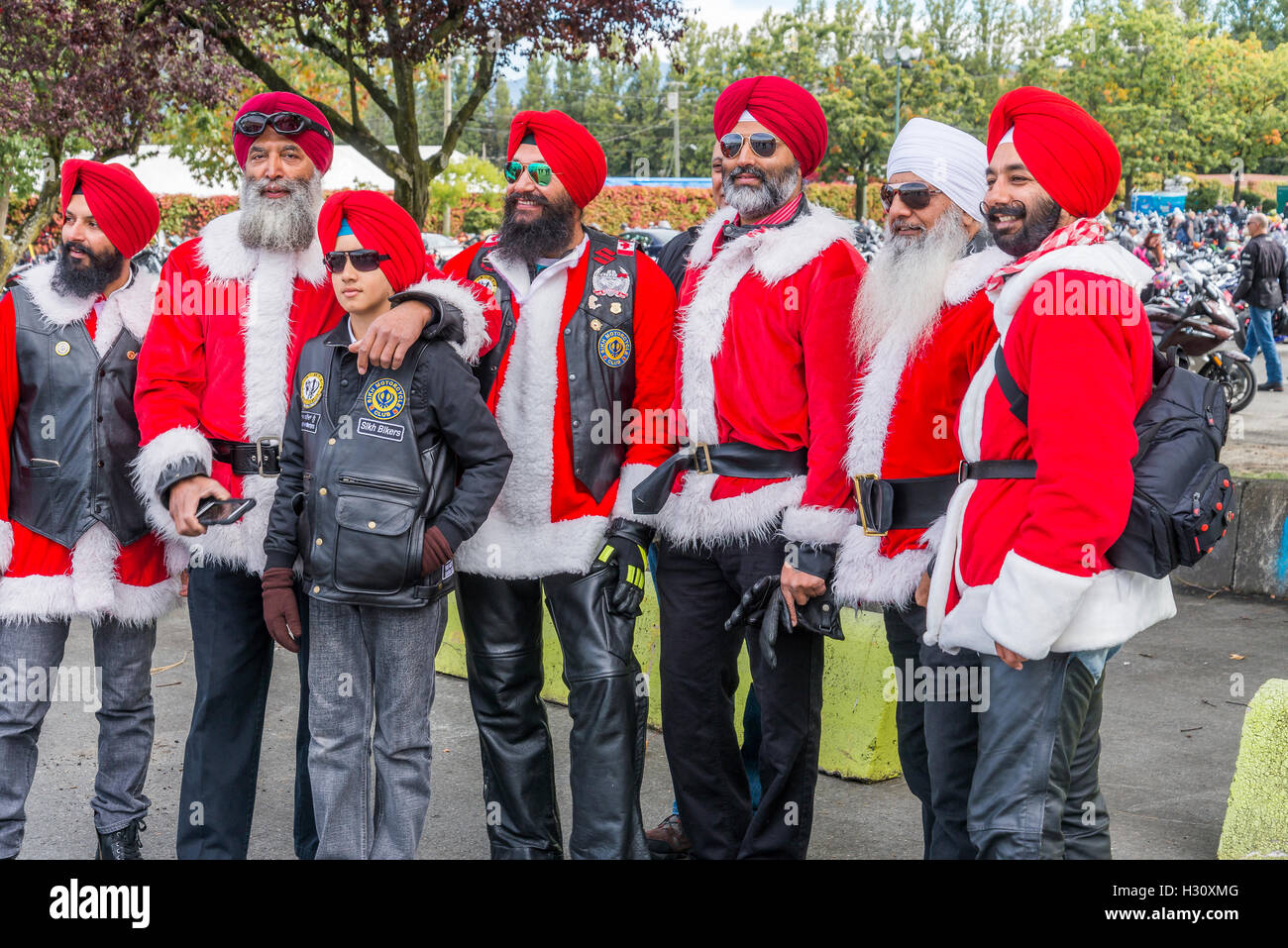 Sikh Motorrad-Fahrer-Clubs teilnehmen in der jährlichen Vancouver Motorrad Weihnachten Toy Run, Vancouver, Britisch-Kolumbien, Kanada Stockfoto