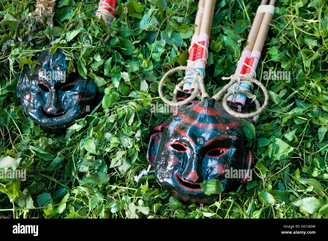 Masken für die "Plens´. La Patum (Meisterwerk des mündlichen und immateriellen Kulturerbes der UNESCO). Berga. Barcelona. Katalonien. Spanien Stockfoto