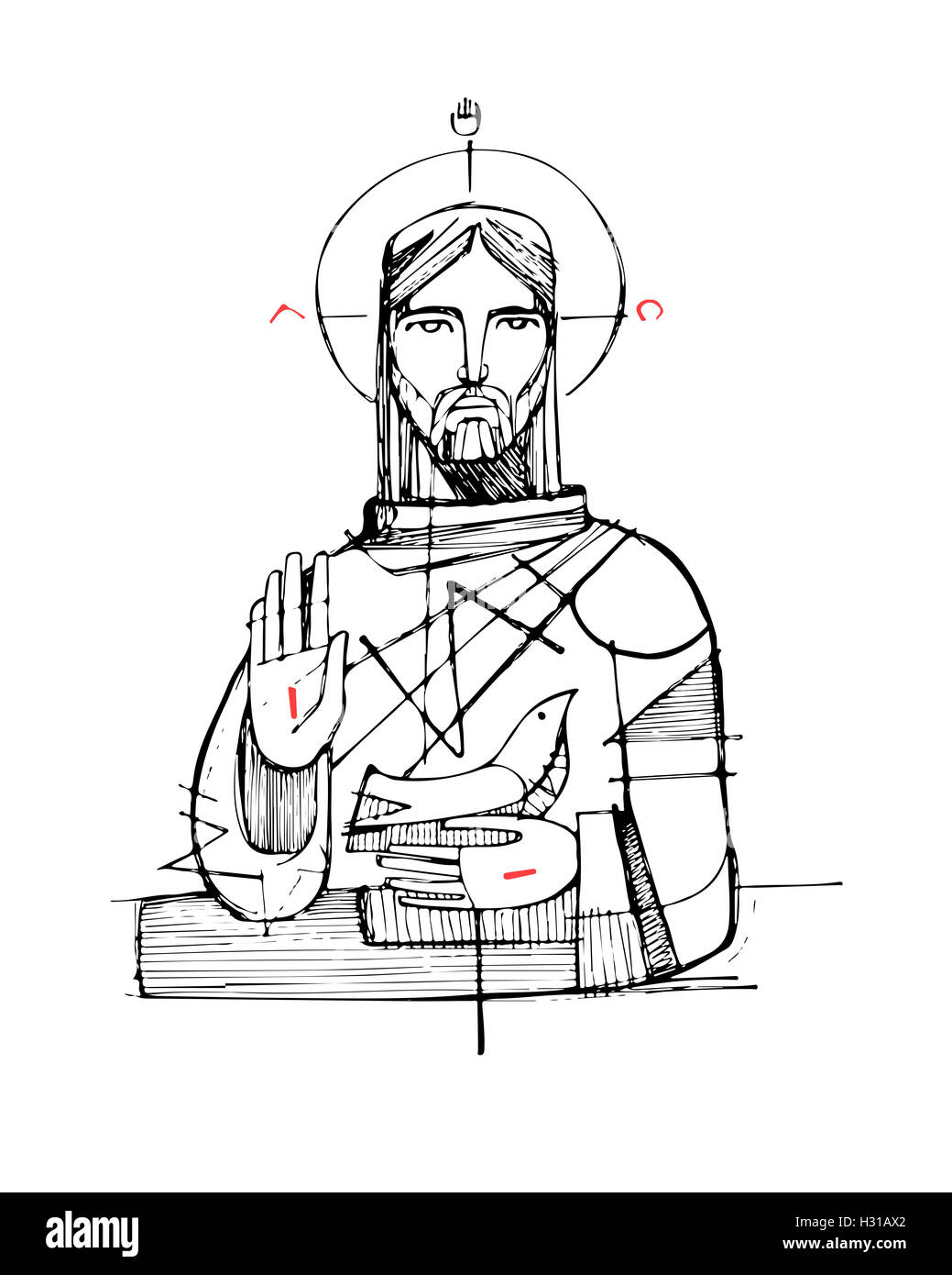 Vektor-Illustration von Hand gezeichnet oder Zeichnung von Jesus Christus und religiöse Symbole Stockfoto