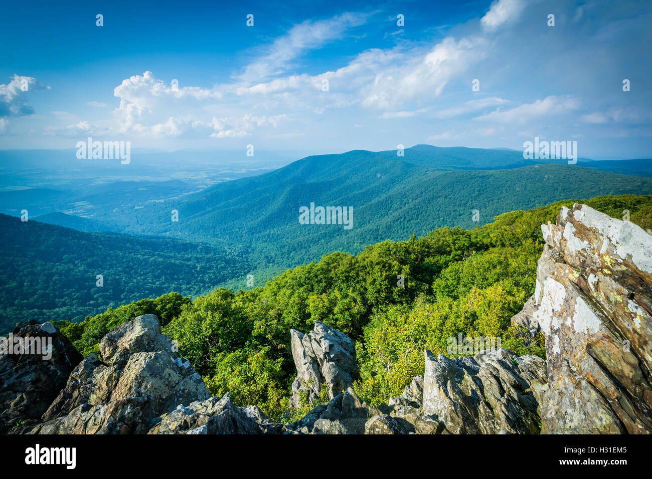 Blick auf das Shenandoah-Tal und Blue Ridge Hawksbill Gipfel, im Shenandoah-Nationalpark, Virginia. Stockfoto