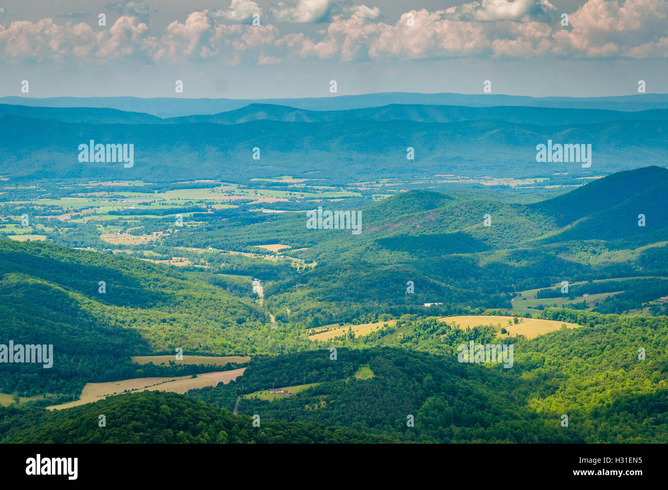 Blick auf das Shenandoah-Tal von Skyline Drive im Shenandoah-Nationalpark, Virginia. Stockfoto