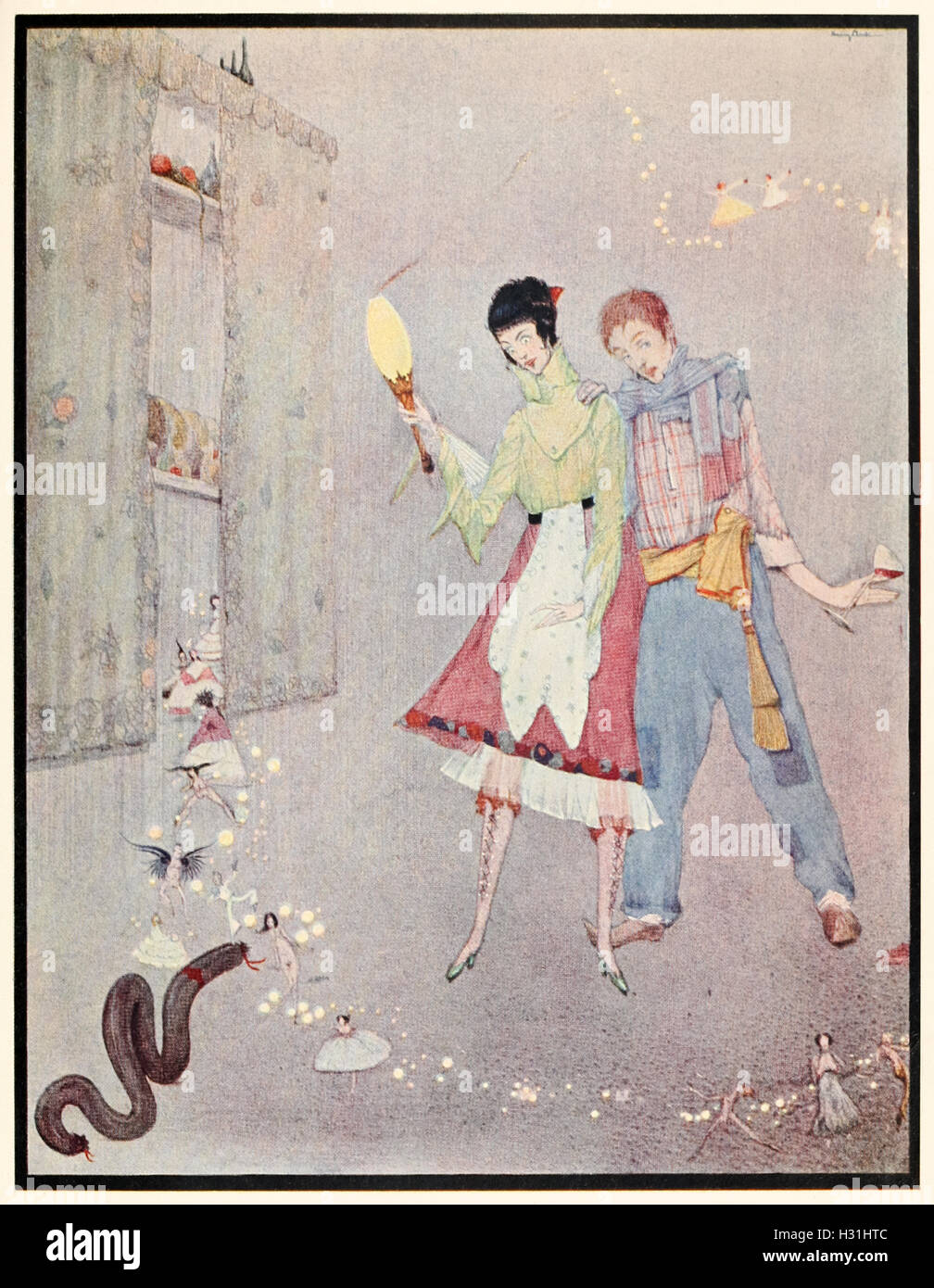 "Eine lange Blutwurst kam wicklung und zappelt ihr gegenüber." Illustration aus "Lächerlichen Wünsche" von Harry Clarke (1889-1931). Siehe Beschreibung für mehr Informationen. Stockfoto