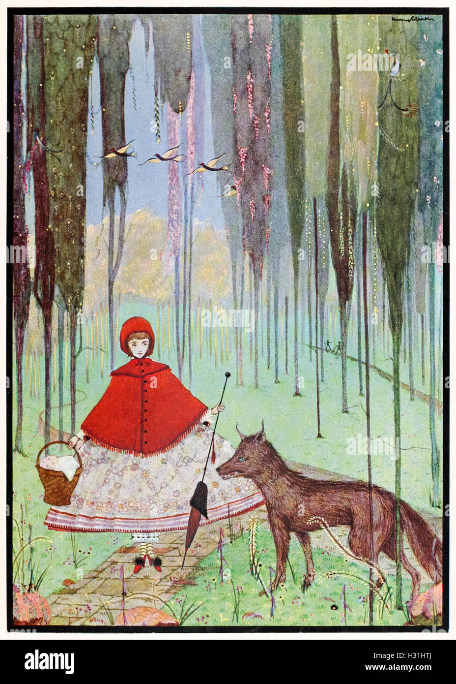 "Er fragte wohin, was sie wollte." Illustration aus "Little Riding-Hood" von Harry Clarke (1889-1931). Siehe Beschreibung für mehr Informationen. Stockfoto