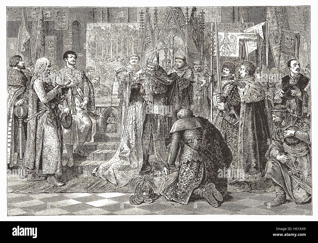 Krönung in Krakau Ludwigs i. von Ungarn als König von Polen - aus "Cassell es illustrierte Universal-Historie - 1882 Stockfoto