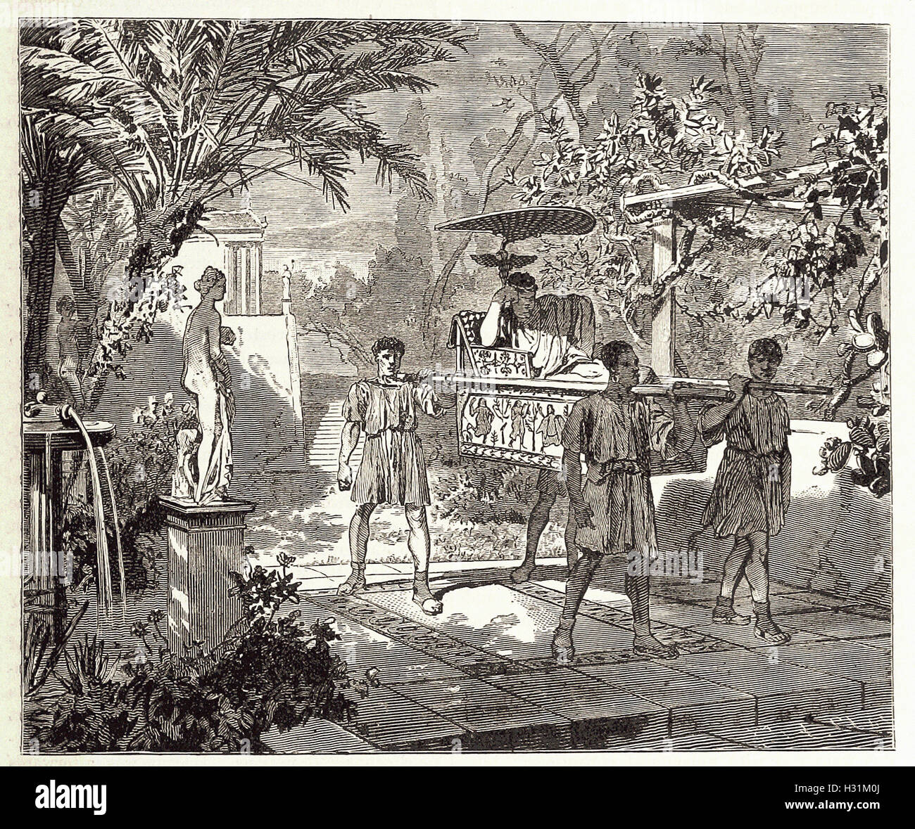 RÖMISCHER GARTEN-SZENE.   Sklaven mit ihrem Meister auf einer Lectica oder Wurf - aus "Cassell es illustrierte Universal-Historie - 1882 Stockfoto