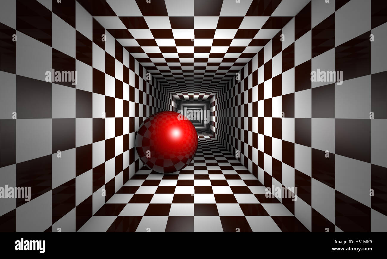 Rote Kugel in der Schach-Tunnel. Den Raum und Unendlichkeit. Verfügbar in hoher Auflösung und verschiedenen Größen. 3D-Illustration rendern. Stockfoto