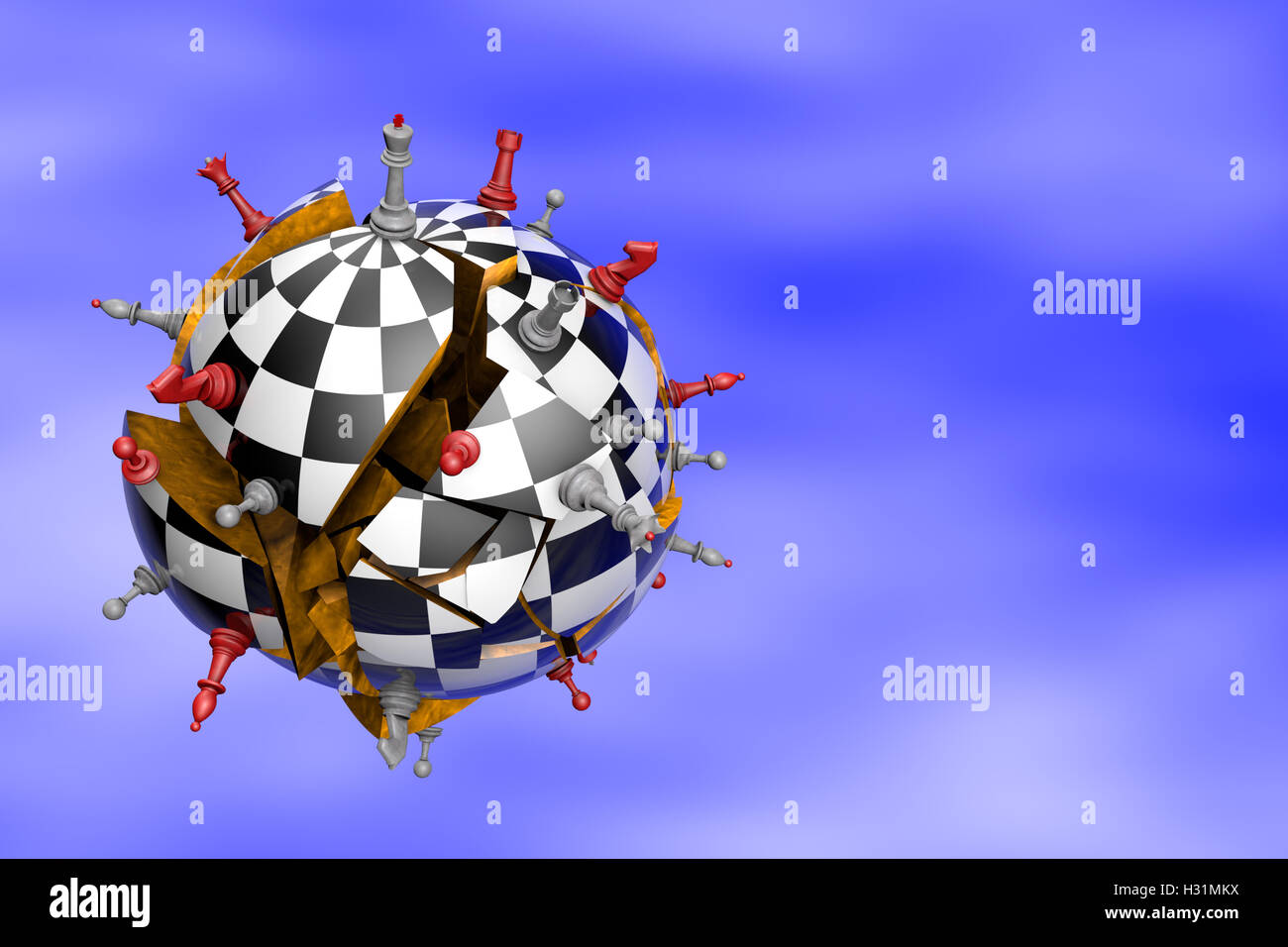 Symbolischen Rahmen (rissig und fallende Kugel Schach Schach).  Hintergrund Layout mit Freitext-Raum. 3D-Illustration rendern. Stockfoto