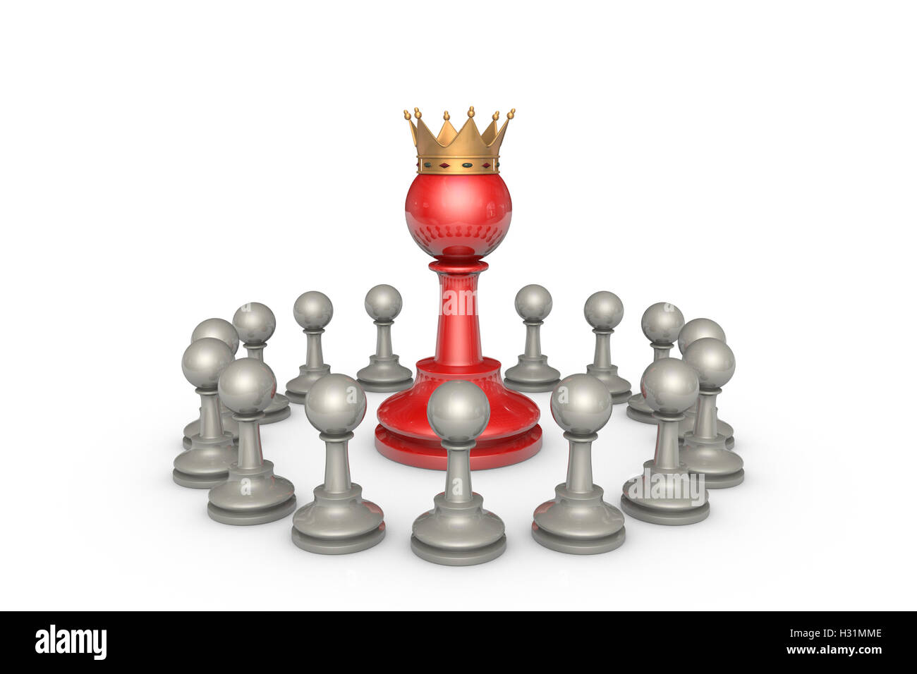 Schachfiguren auf einem weißen Hintergrund. In der Mitte eines großen roten Bauern (mit einer goldenen Krone). Es ist eine Metapher - die parlamentarische Stockfoto