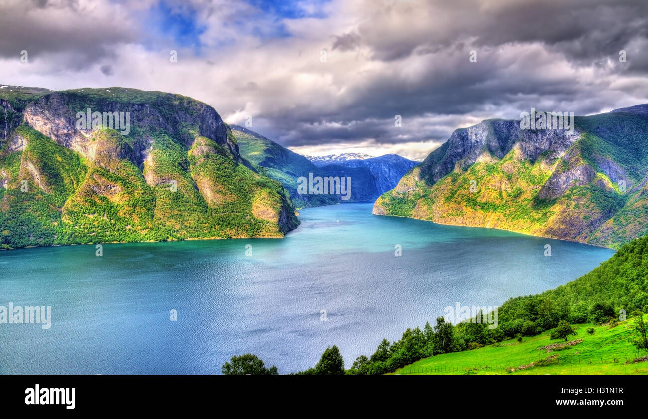 Blick auf den Aurlandsfjord, einen Zweig des Sognefjords, vom Aussichtspunkt Stegastein, Norwegen Stockfoto