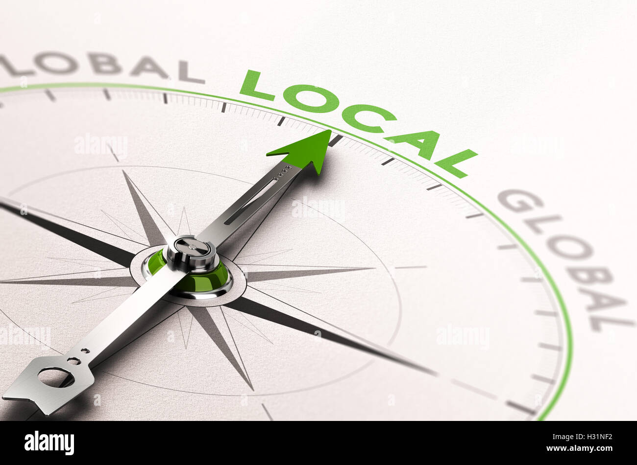 3D Abbildung eines Kompasses mit Nadel zeigt das Wort lokales Geschäft. Konzept einer ethischen Wirtschaft Stockfoto