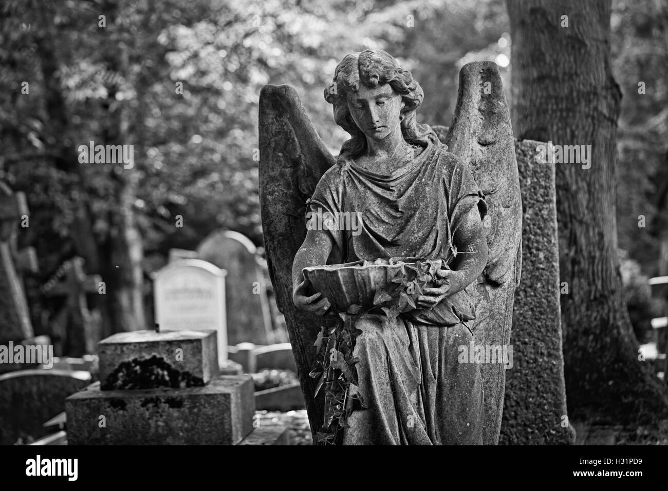 Engel mit Stein Wasser Kelch Grabstein Grabstein auf Highgate Cemetery East in London, England. Stockfoto