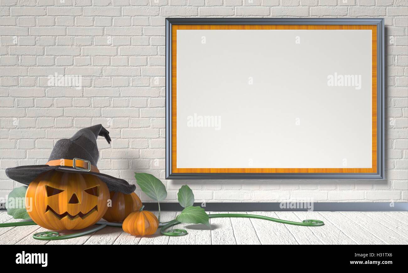 Jack O Lantern Kürbis, grüne Blätter und mock-up leere Plakat auf weißen Wand. 3D Illustration Hintergrund Rendern Stockfoto